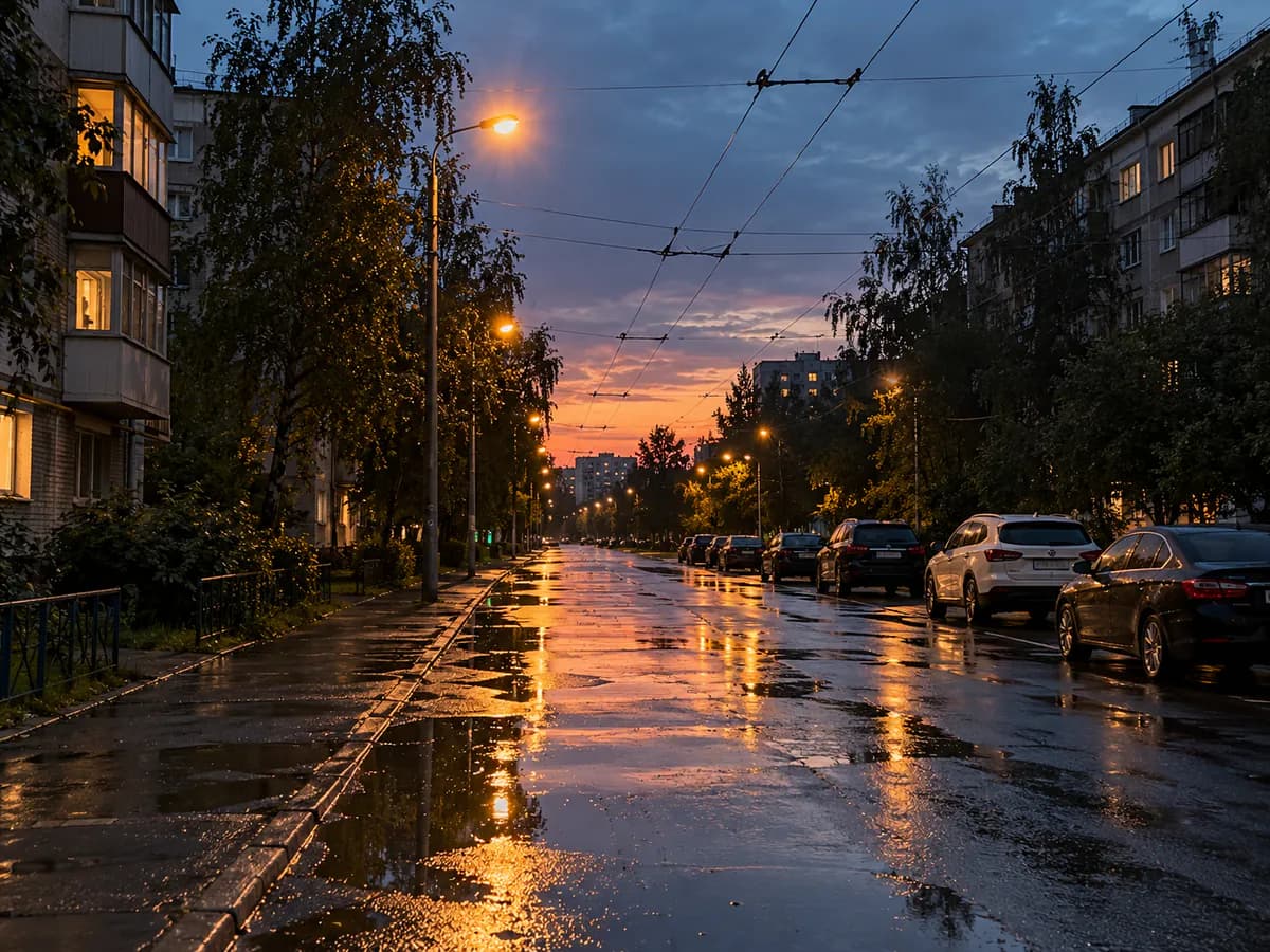 Было: Вечерняя улица после дождя до и после: тот же кадр в стиле аниме с ярким закатом