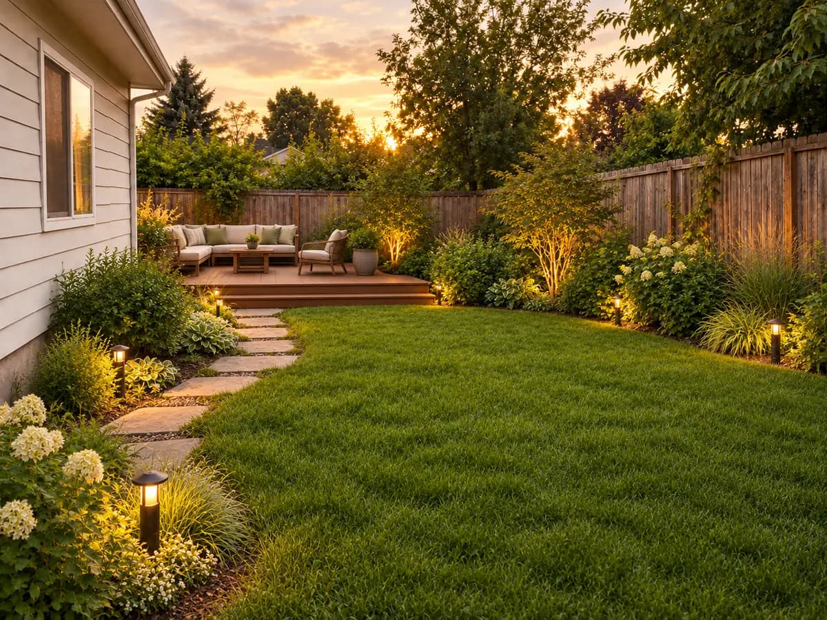 Заросший двор у дома до и после: газон, дорожка из плит, подсветка и зона отдыха