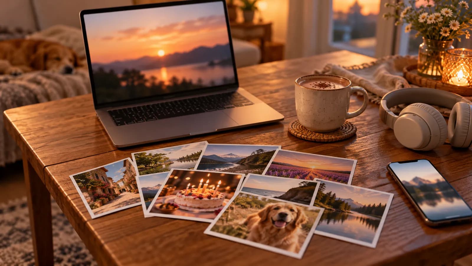 Ноутбук, телефон и распечатанные фотографии на деревянном столе