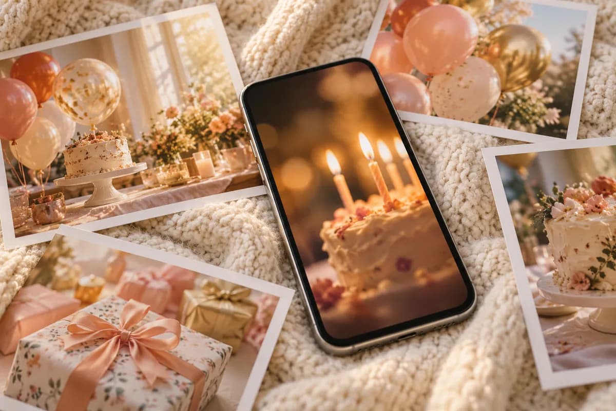 Телефон среди распечатанных фотографий с праздника