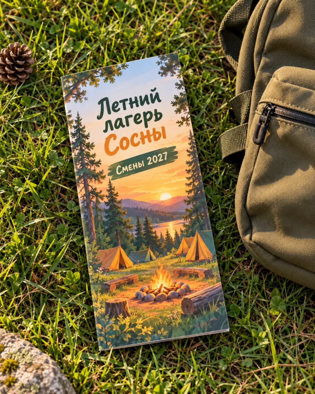 Обложка буклета детского лагеря «Сосны» с рисованным лесом и палатками