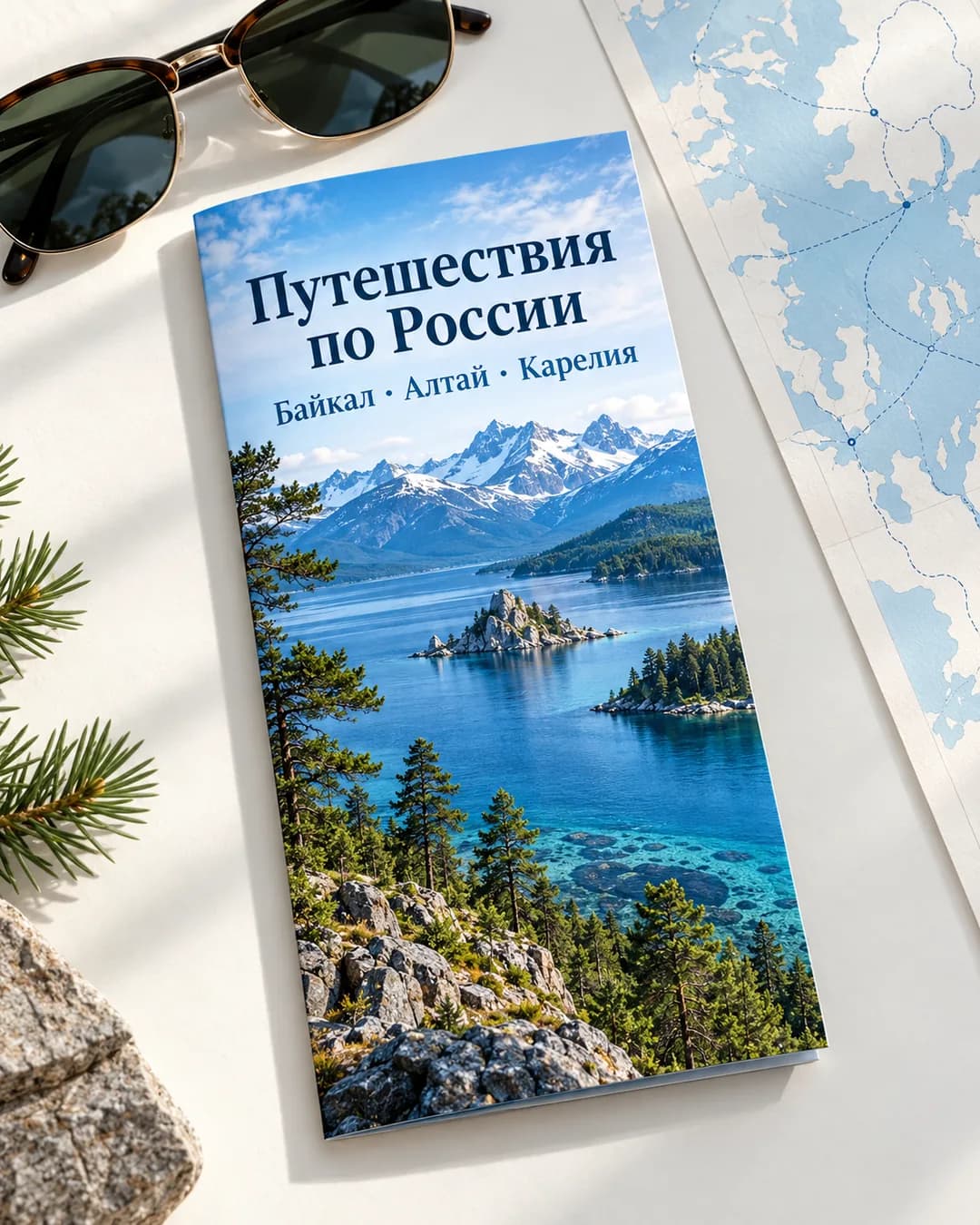 Обложка буклета «Путешествия по России» на столе с картой
