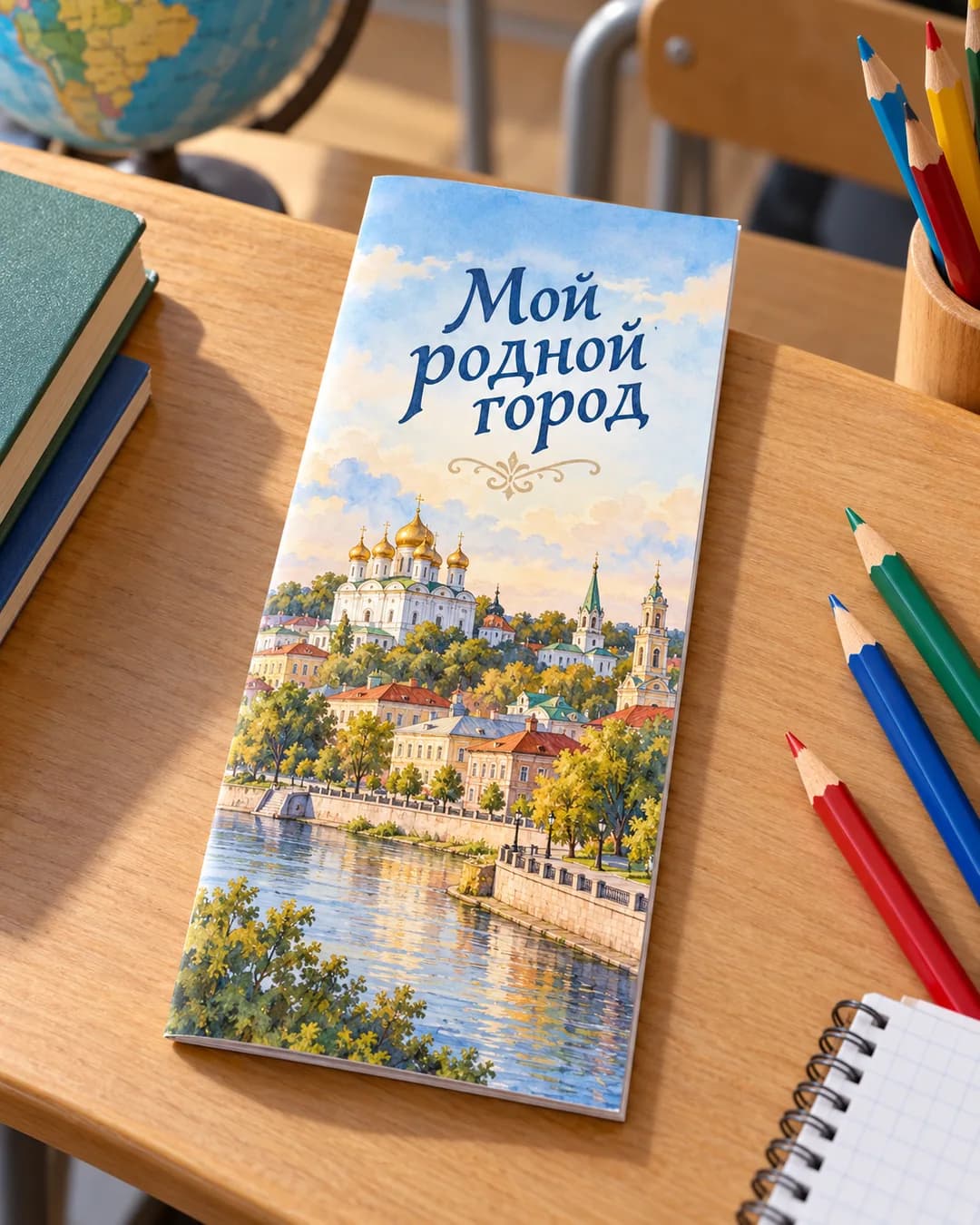 Обложка школьного буклета «Мой родной город» с панорамой старого города