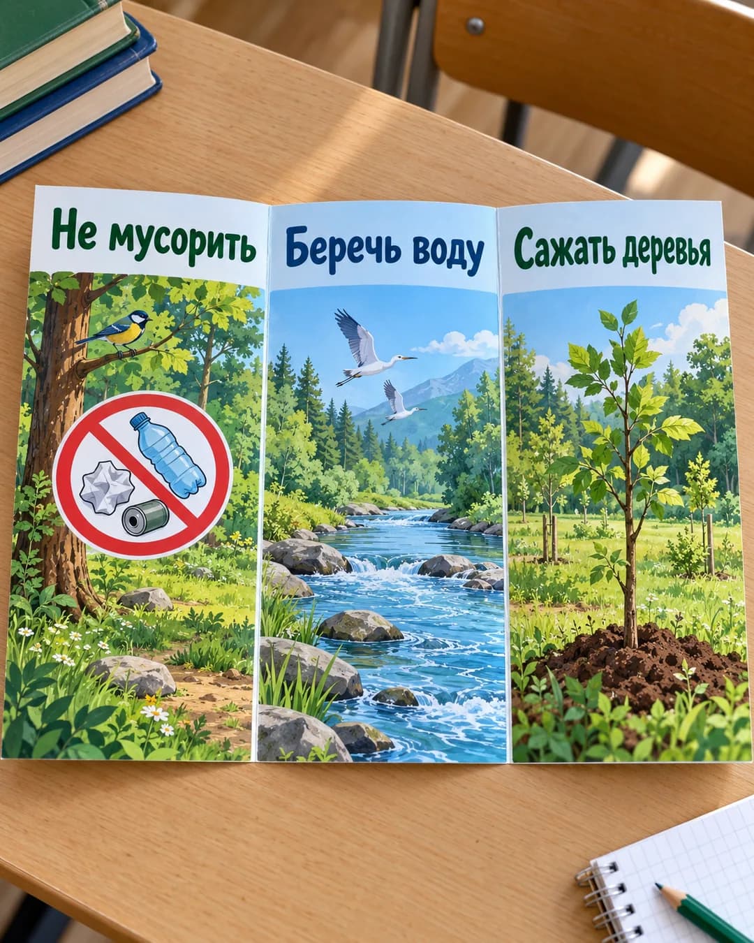 Школьный буклет «Берегите природу» с рисованными лесом и рекой
