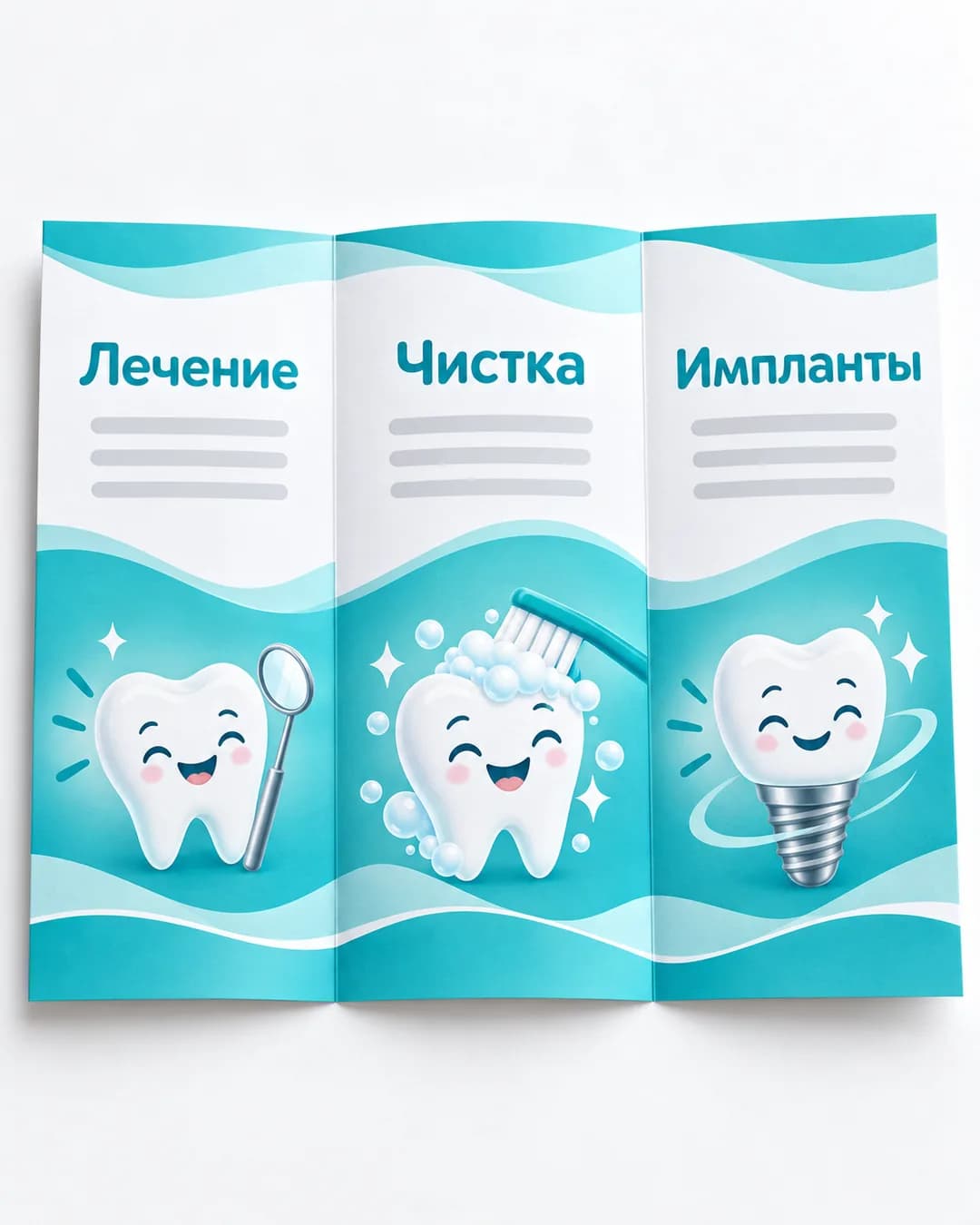 Разворот буклета стоматологии: лечение, чистка, импланты