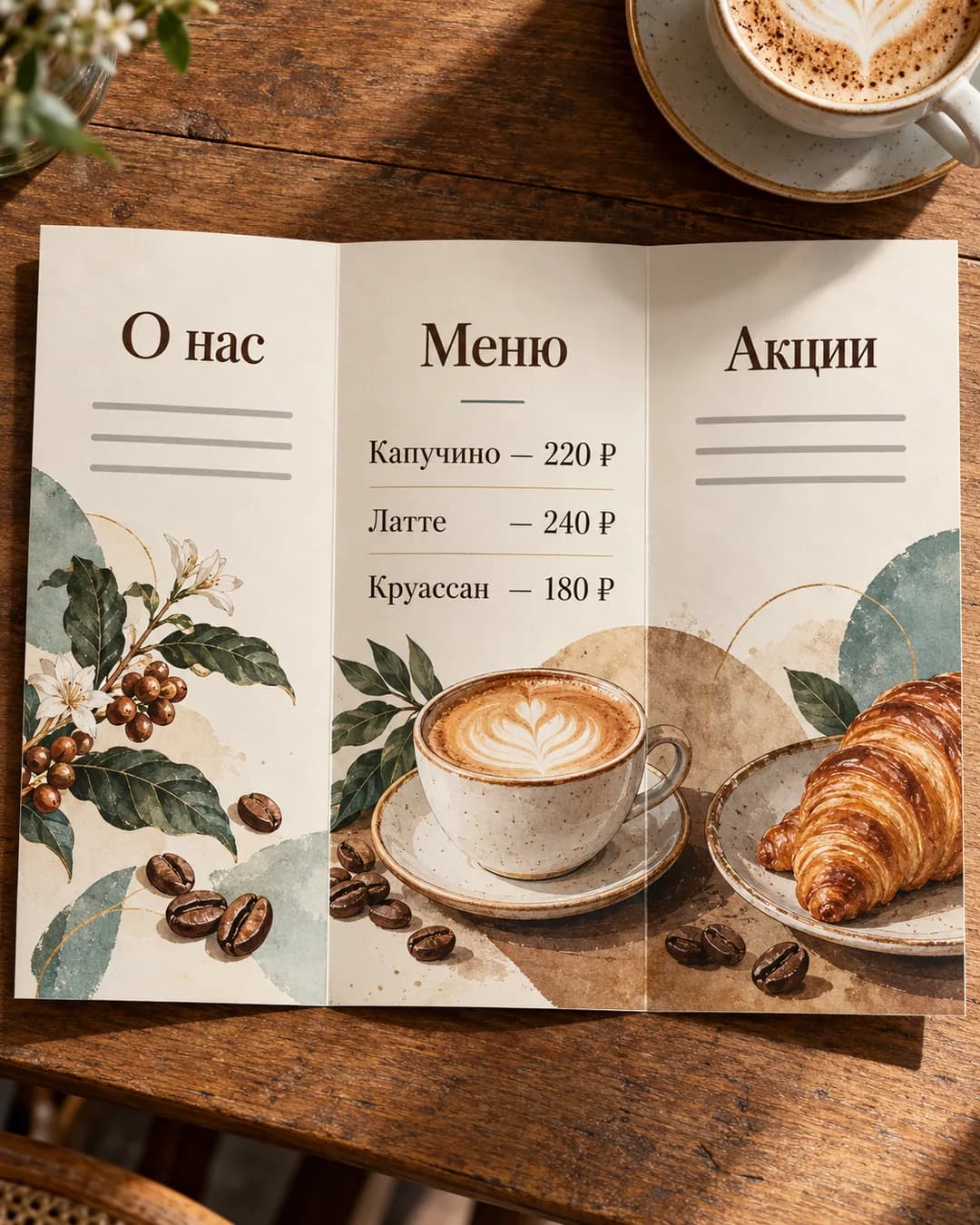 Разворот буклета кофейни: о нас, меню с ценами, акции