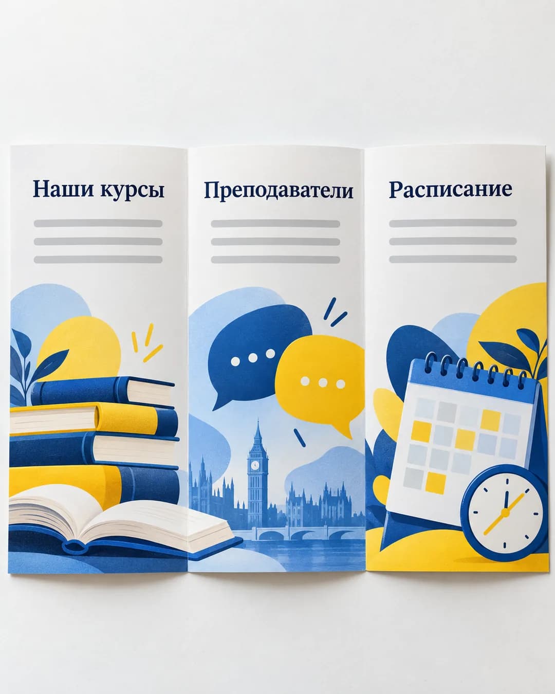 Разворот буклета школы английского: курсы, преподаватели, расписание