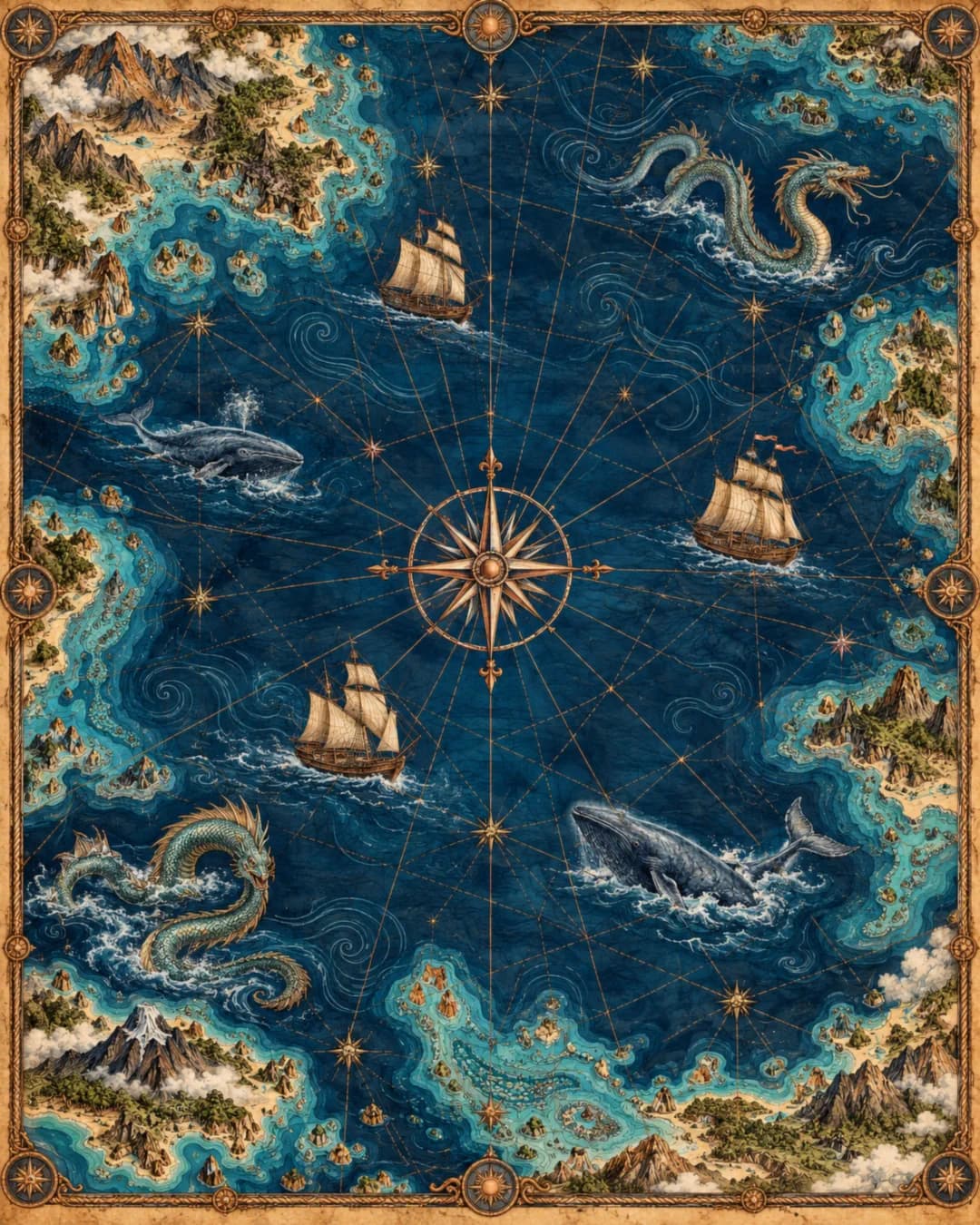 Морская карта с компасом, линиями румбов, морскими змеями и кораблями