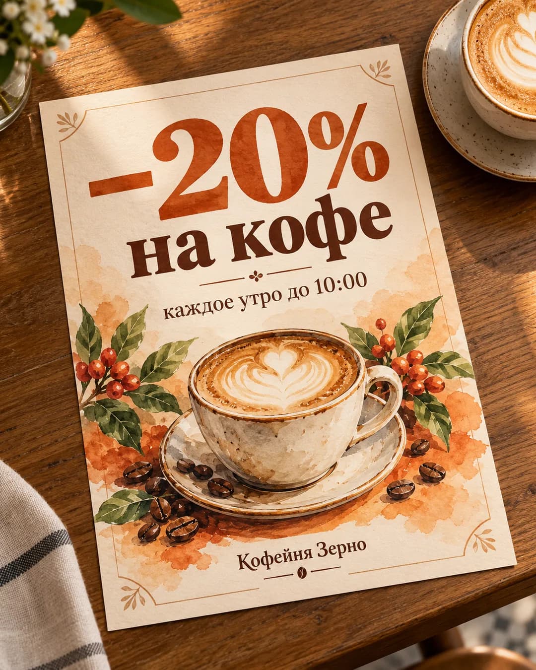 Листовка кофейни «−20% на кофе» рядом с чашкой капучино
