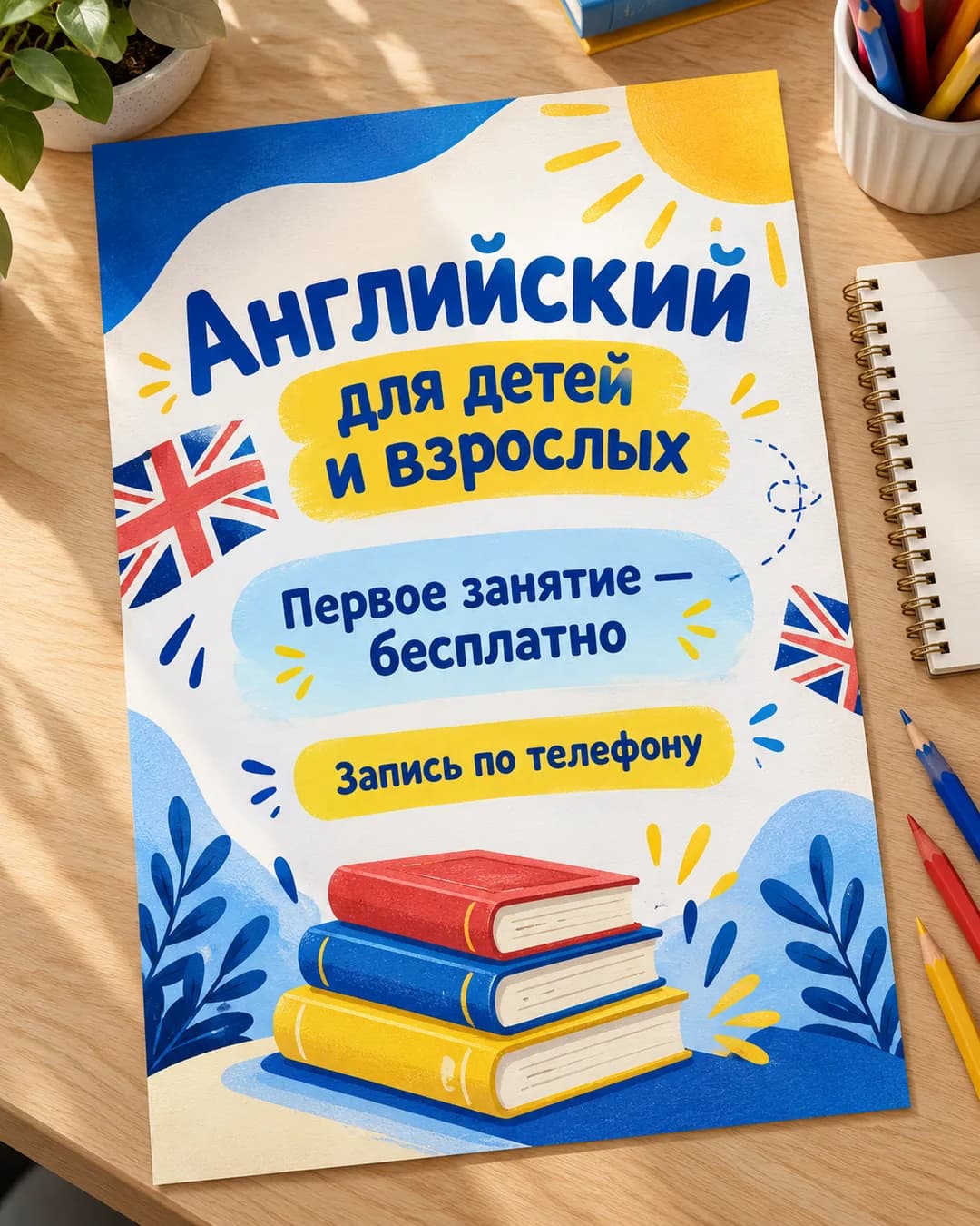 Листовка репетитора по английскому с рисованными книгами