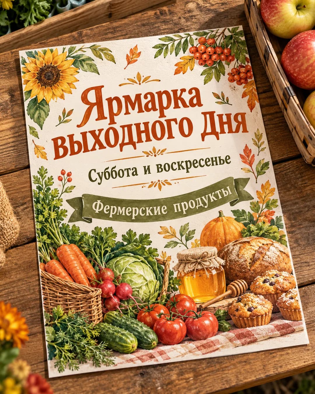 Листовка ярмарки выходного дня с рисованными овощами и мёдом