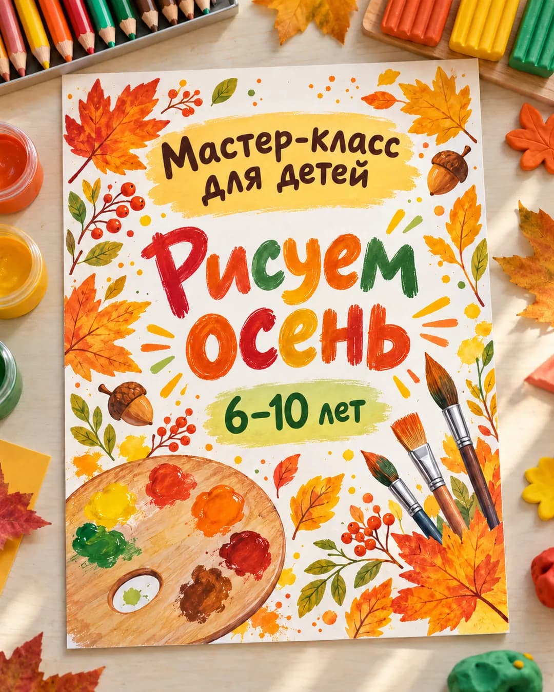 Листовка детского мастер-класса «Рисуем осень» с красками и кистями