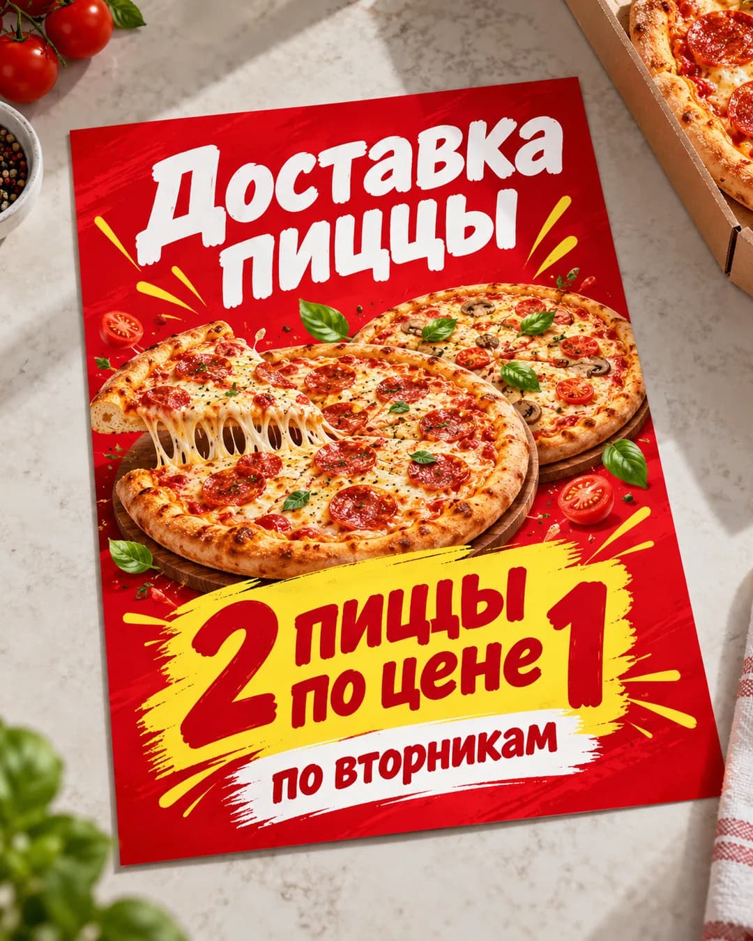 Листовка доставки пиццы «2 пиццы по цене 1» рядом с коробкой пиццы