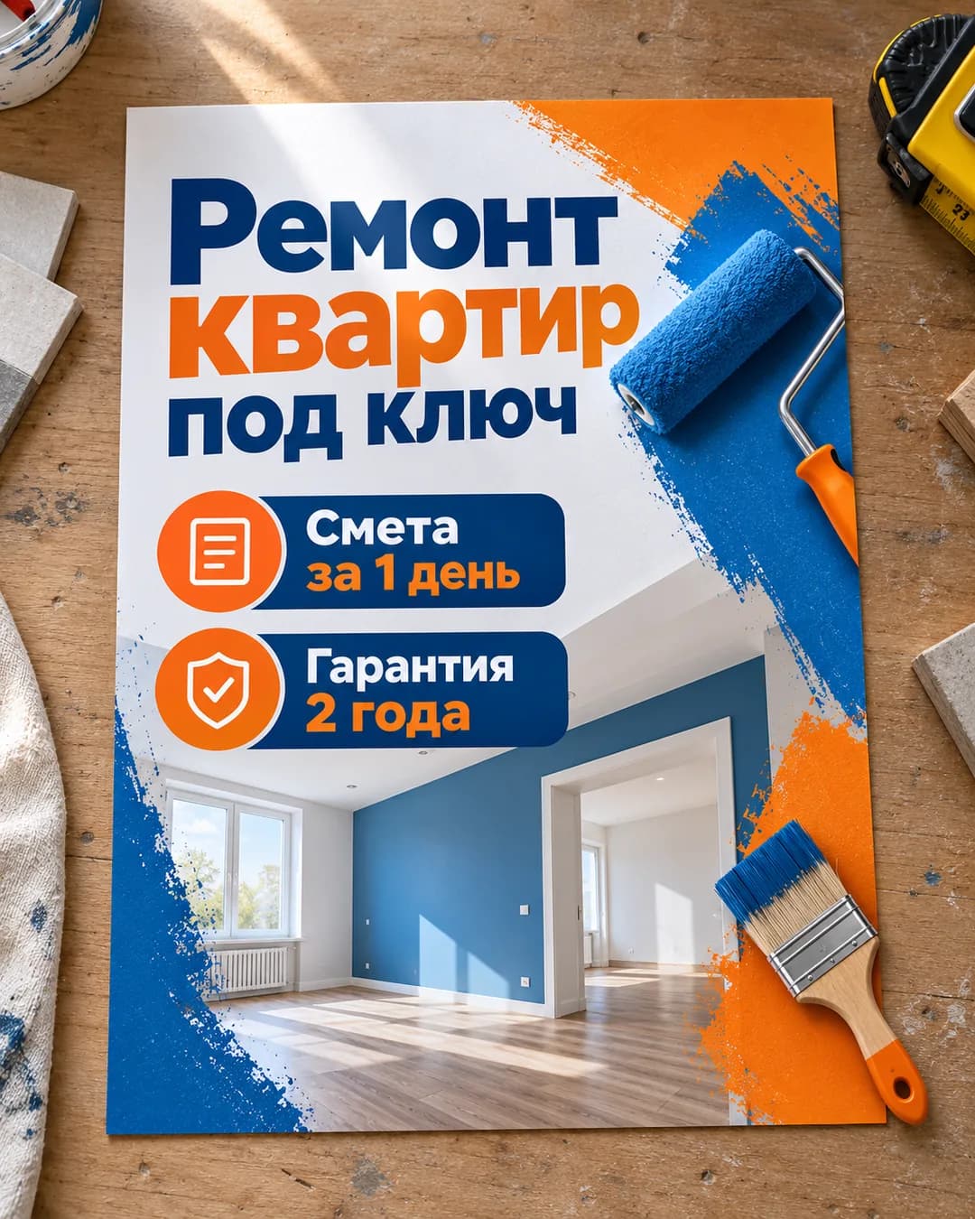Листовка ремонта квартир под ключ с иллюстрацией валика