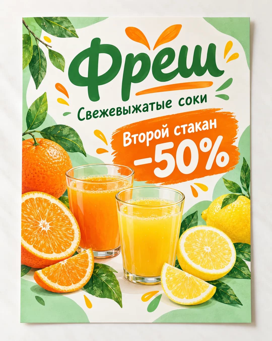 Листовка магазина соков «Фреш» с рисованными цитрусами