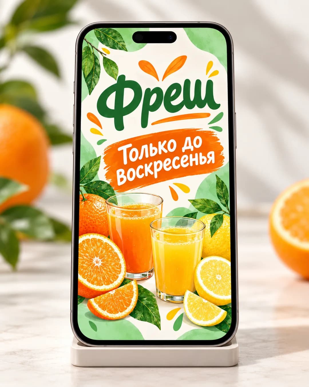 Сторис «Фреш» в том же стиле на экране телефона