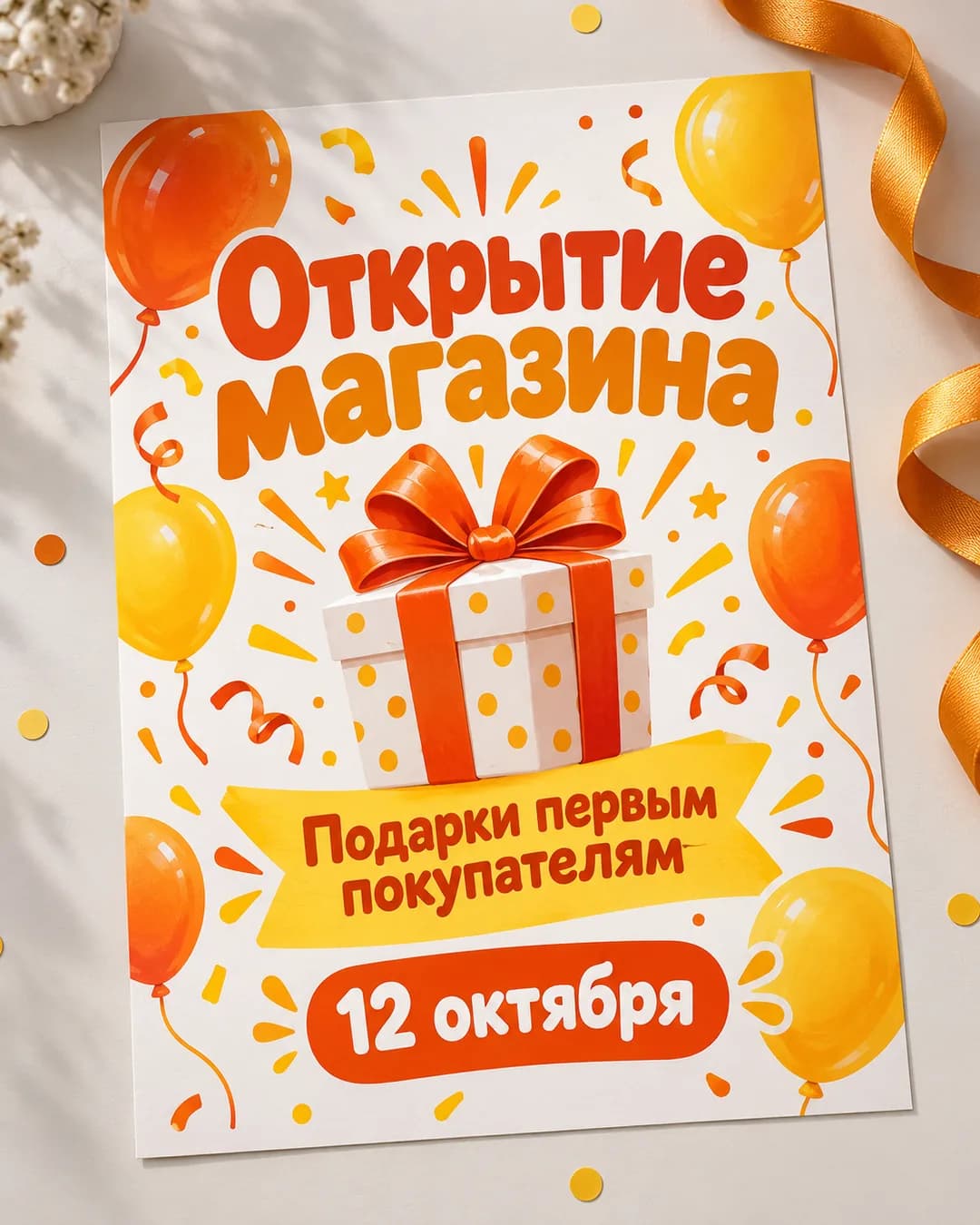 Листовка открытия магазина с шарами и конфетти