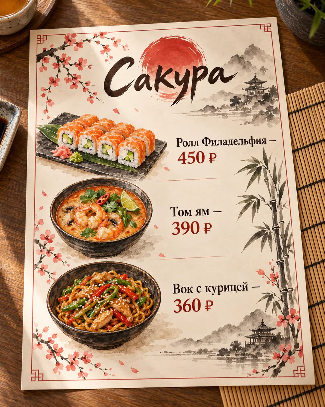 Меню азиатского кафе «Сакура» с тушевыми рисунками суши