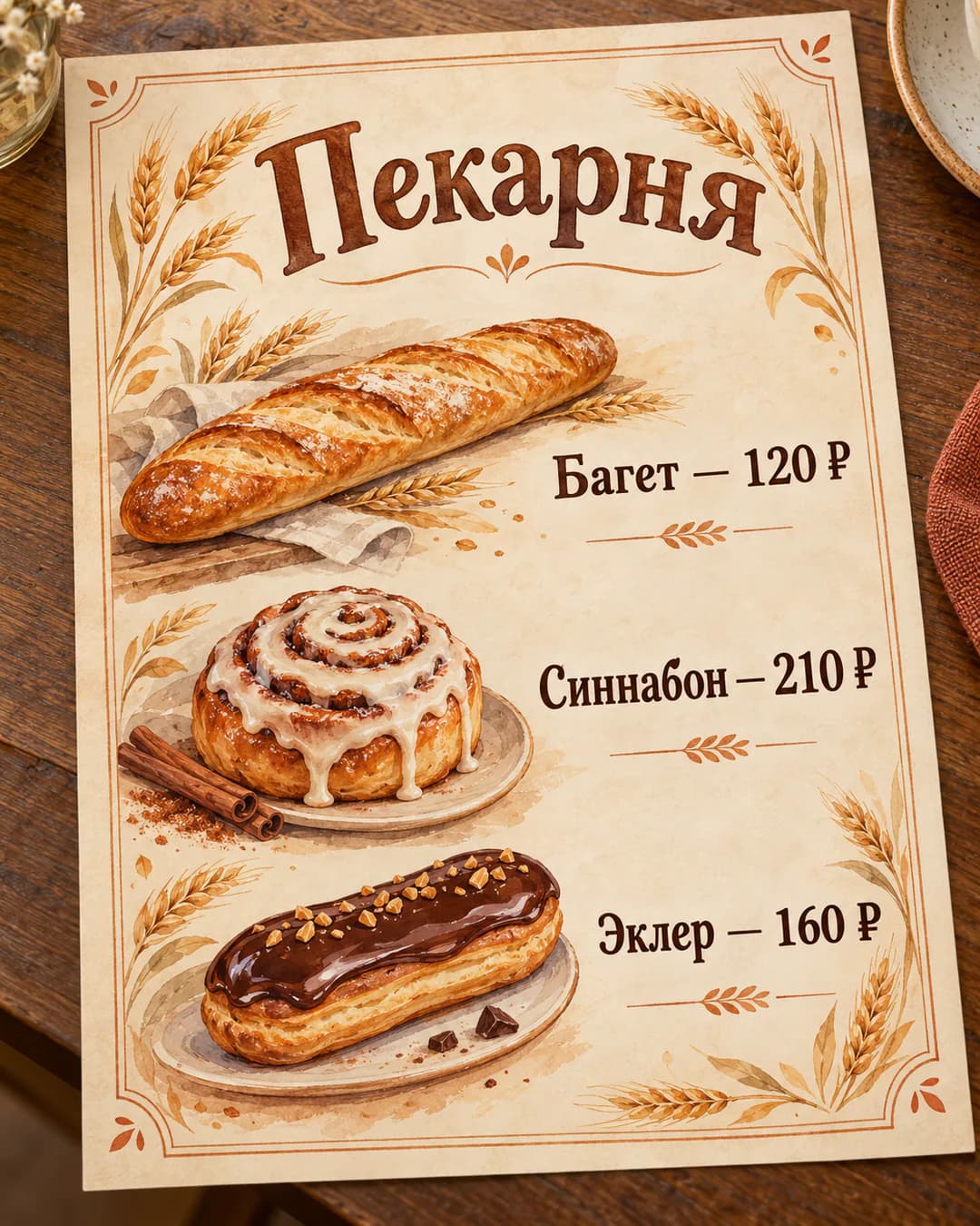 Меню пекарни в бежевых тонах с рисованными булочками и ценами