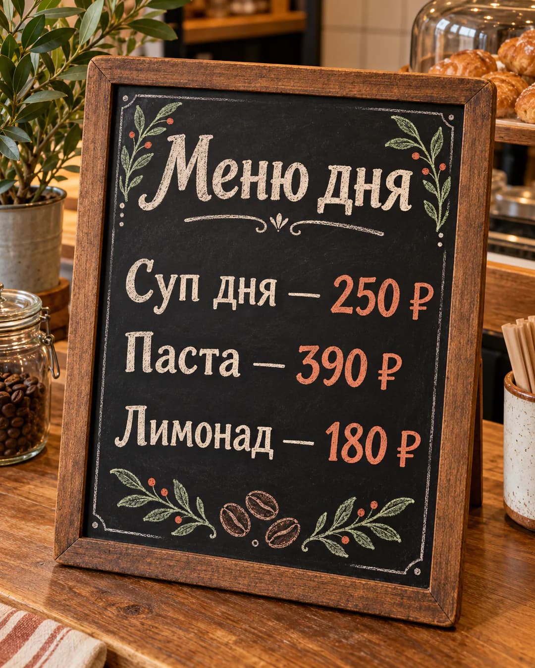 Меловая доска «Меню дня» на прилавке кофейни