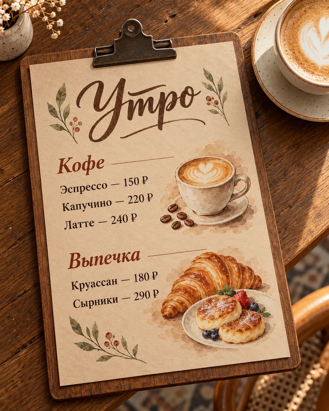 Меню кофейни «Утро» на крафтовой бумаге с ценами и акварелью