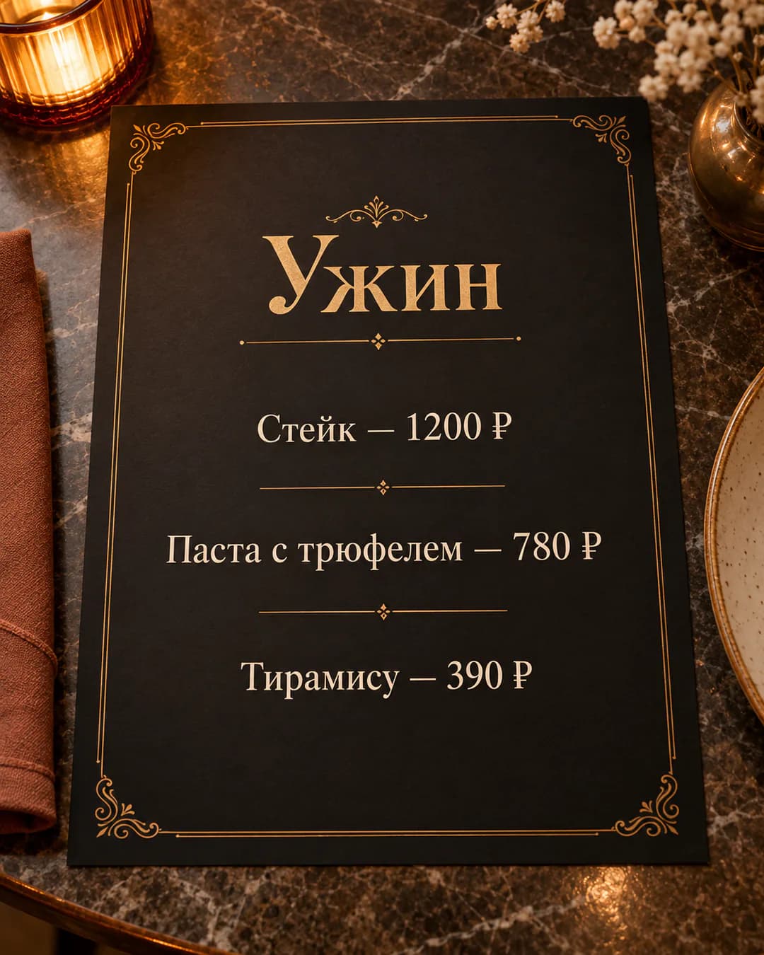 Меню ресторана «Ужин» на тёмном фоне с золотым орнаментом
