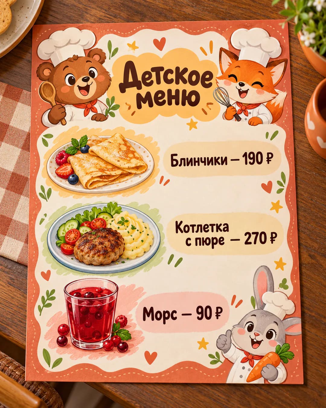 Детское меню кафе с мультяшными зверями-поварами