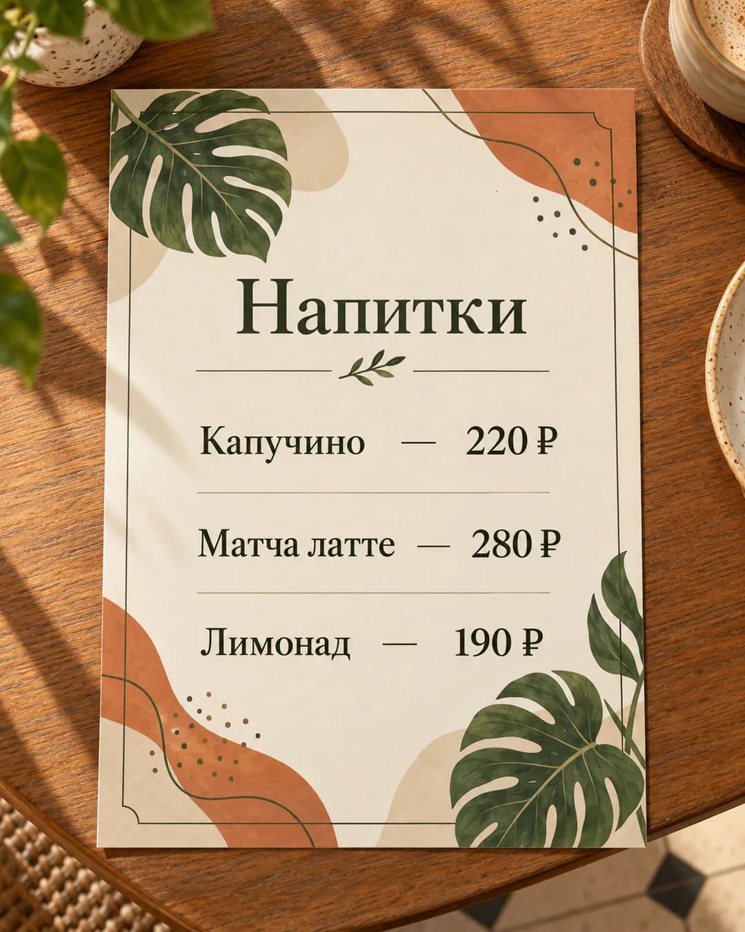 Меню кофейни «Зелень»: напитки в том же стиле