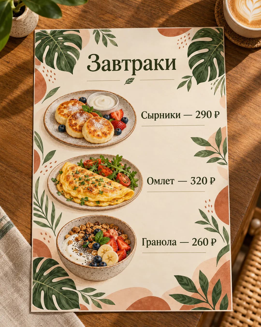 Меню кофейни «Зелень»: завтраки в том же стиле