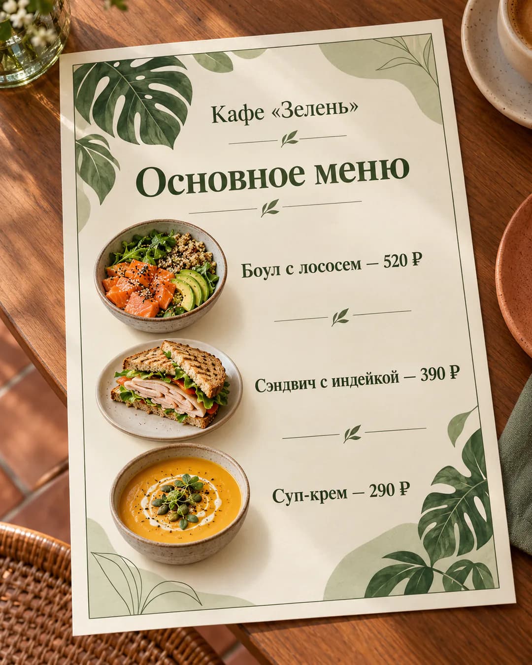Меню кофейни «Зелень»: основное меню с листьями монстеры