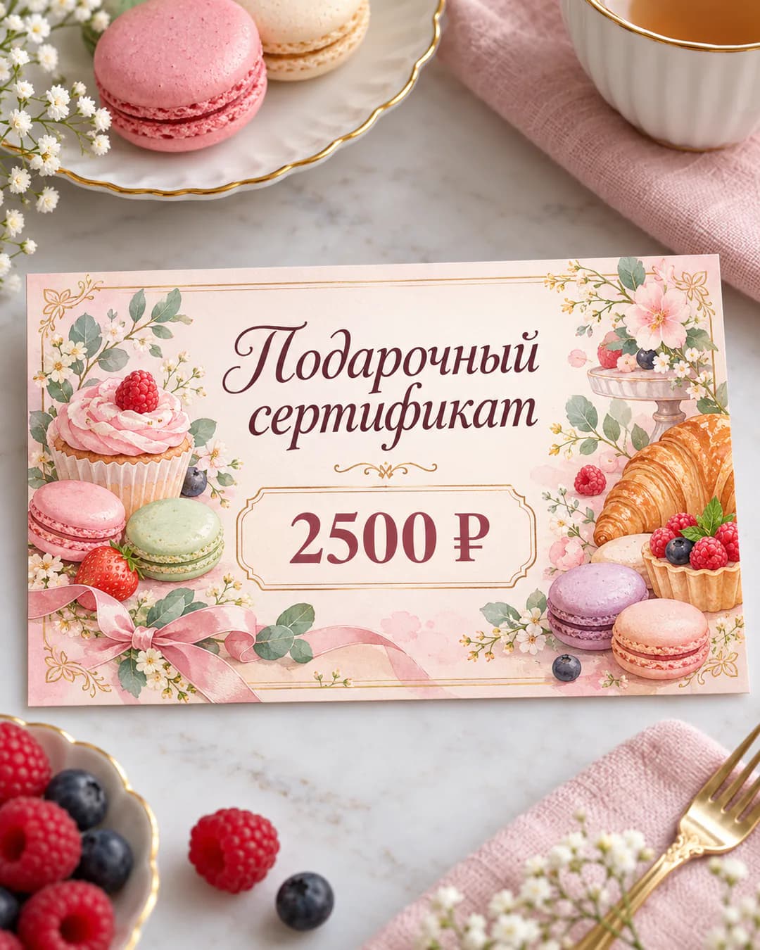 Сертификат кондитерской на 2500 ₽ в пастельных тонах