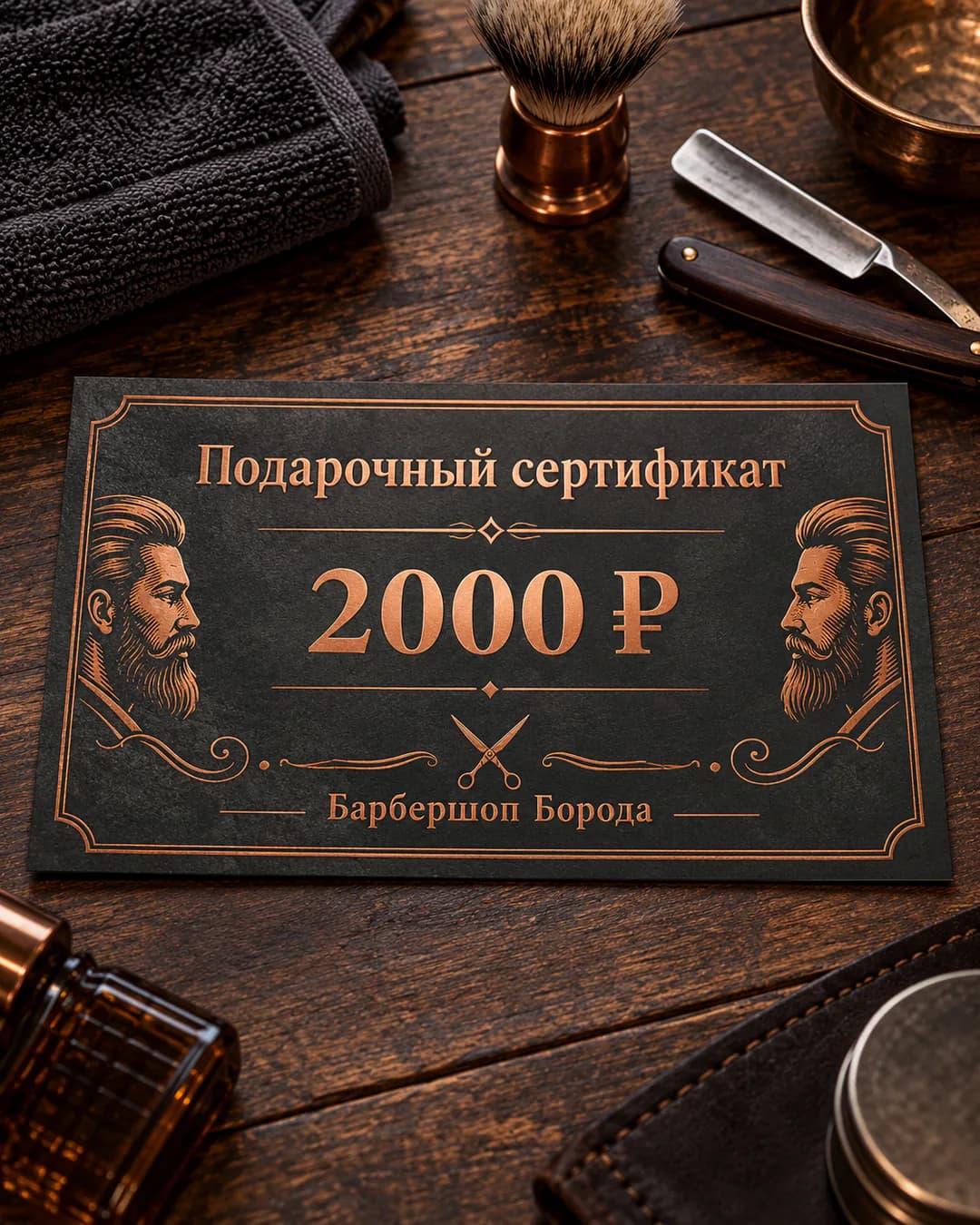Сертификат барбершопа на 2000 ₽ в графите и меди