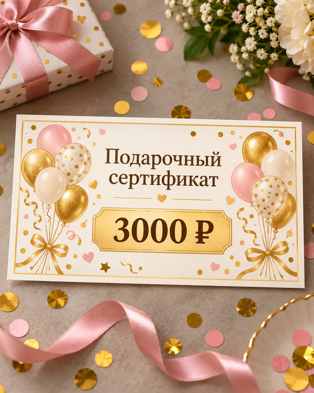 Сертификат на день рождения на 3000 ₽ с шарами и конфетти