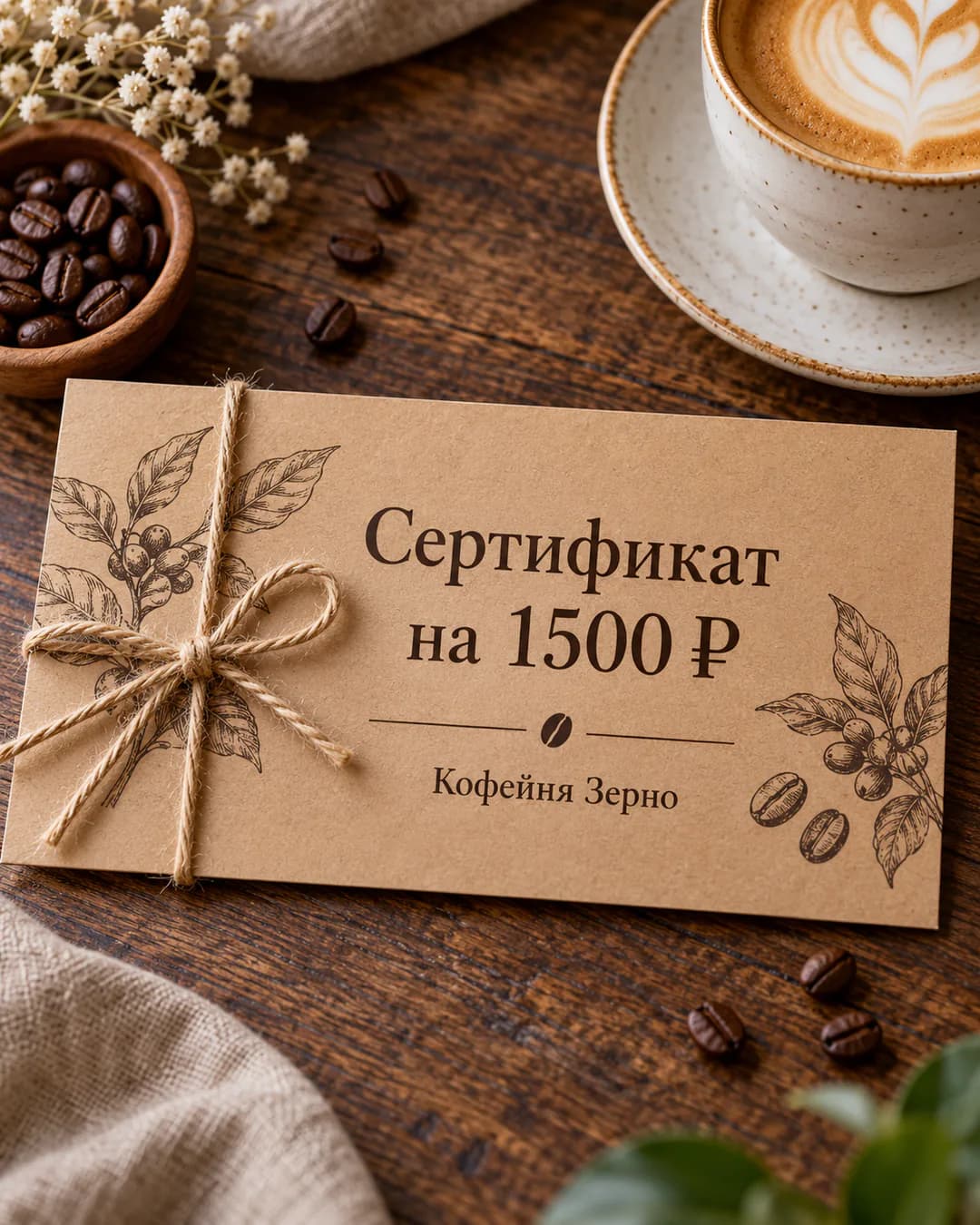 Крафтовый сертификат кофейни на 1500 ₽ с бечёвкой