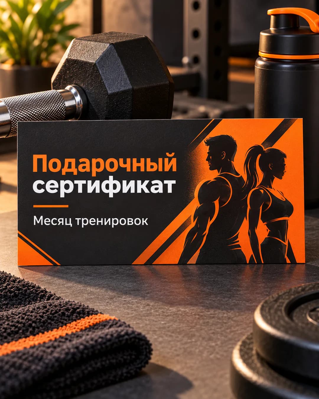 Сертификат фитнес-клуба «Месяц тренировок» в оранжево-чёрных цветах