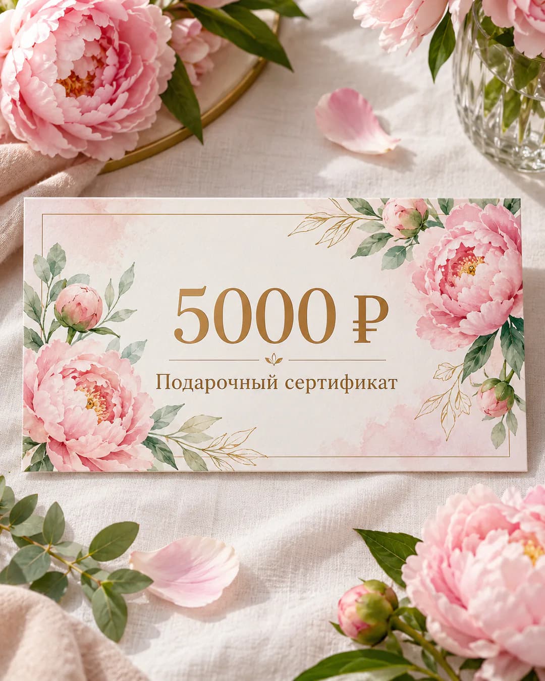 Сертификат цветочного магазина на 5000 ₽ с акварельными пионами