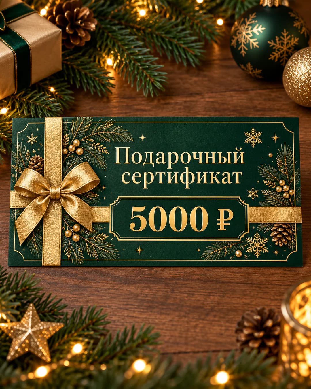 Новогодний сертификат на 5000 ₽, тёмно-зелёный с золотом