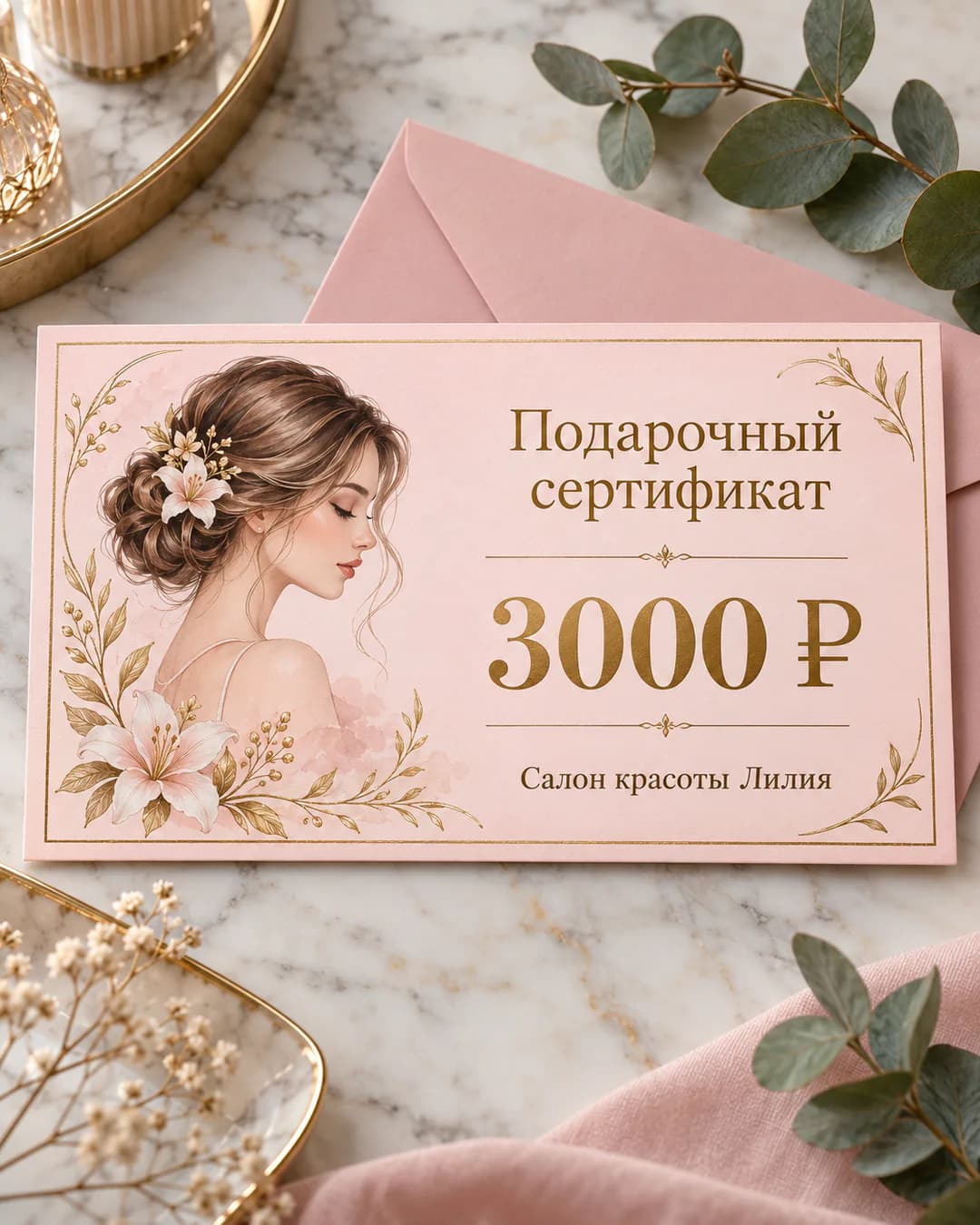 Подарочный сертификат салона красоты на 3000 ₽, розовый с золотом