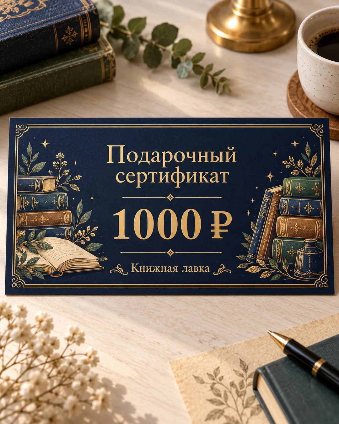 Сертификат «Книжная лавка» на 1000 ₽, тёмно-синий с золотом