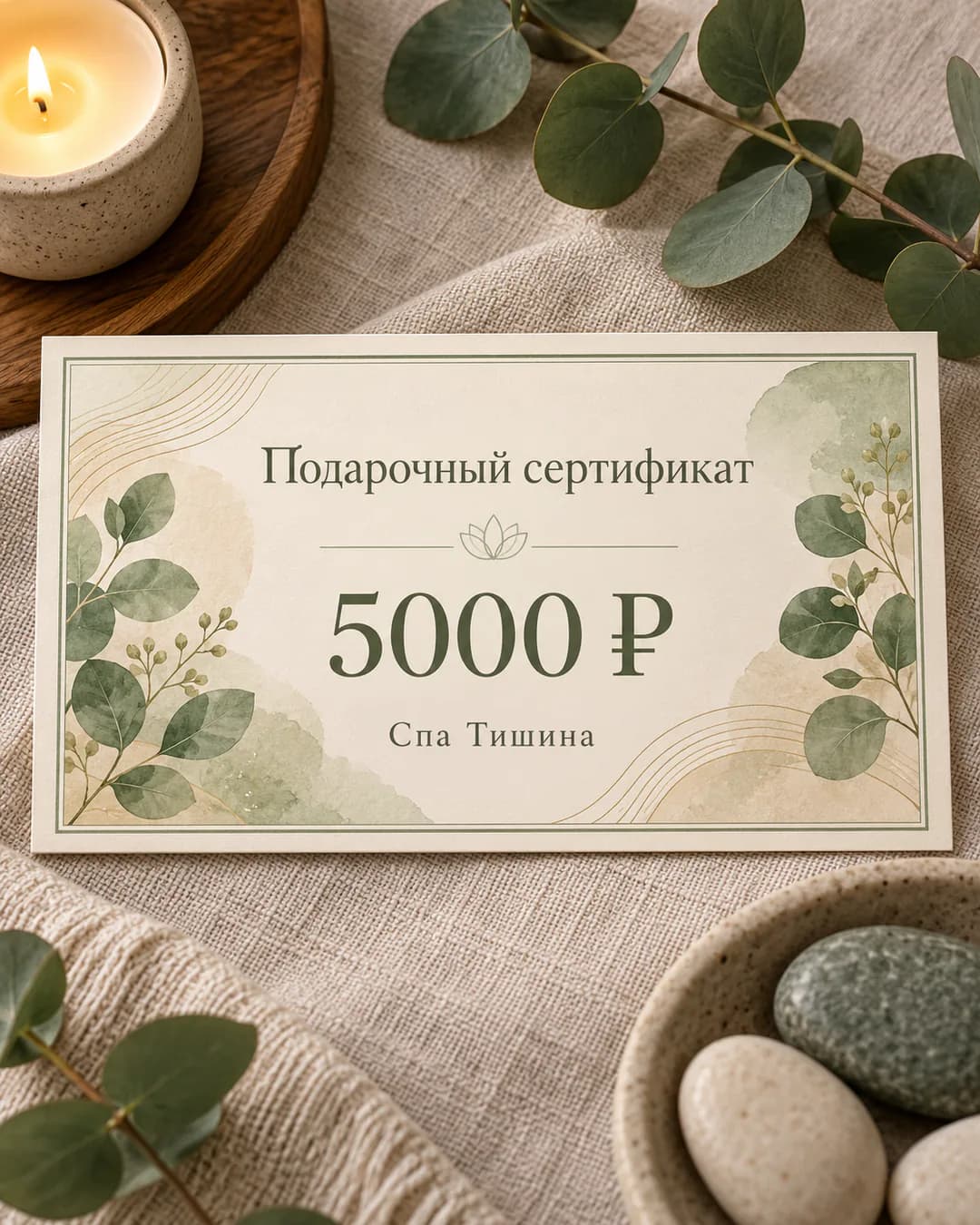 Сертификат спа-салона на 5000 ₽ в шалфейно-зелёных тонах