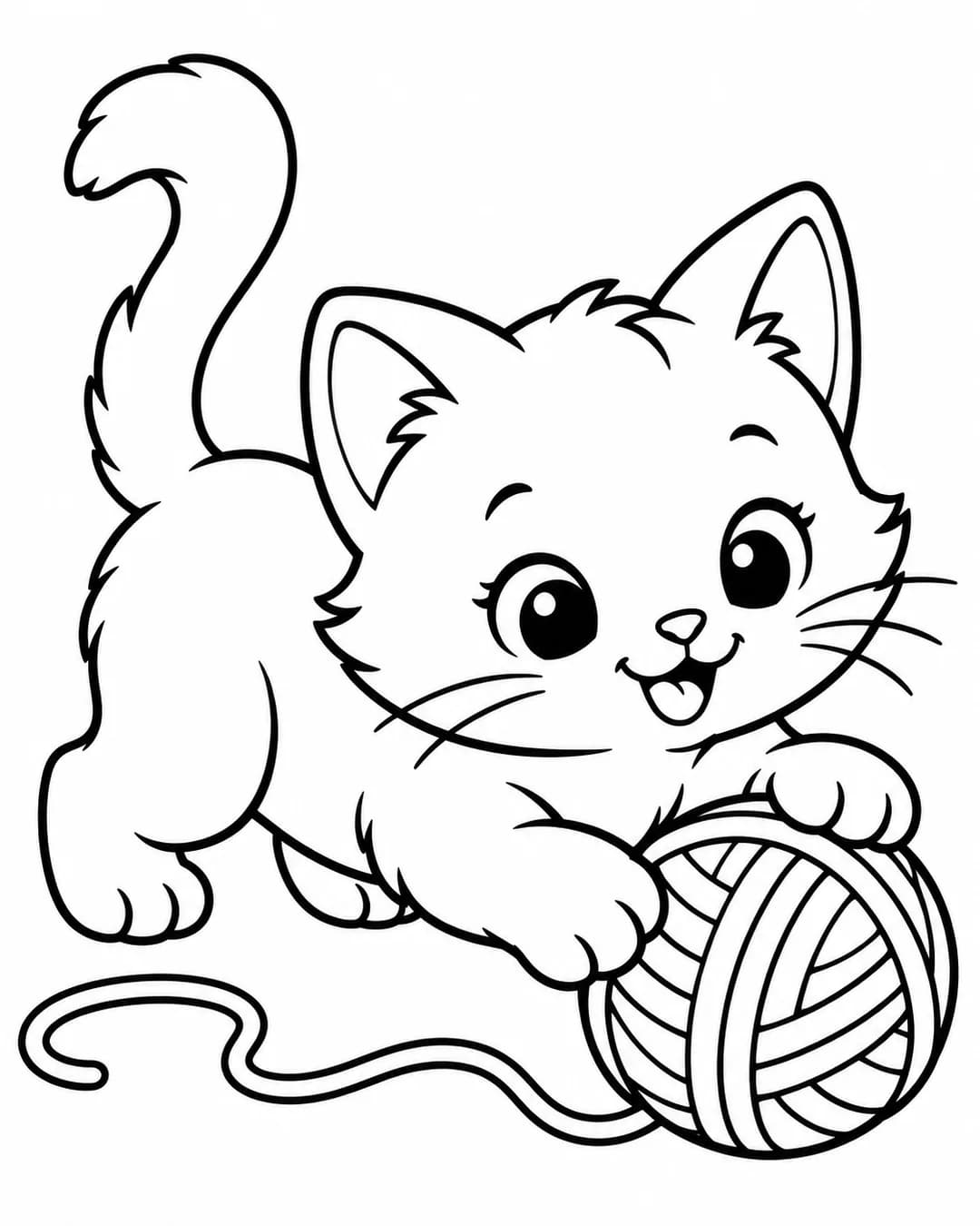 Раскраска для малышей: котёнок играет с клубком ниток