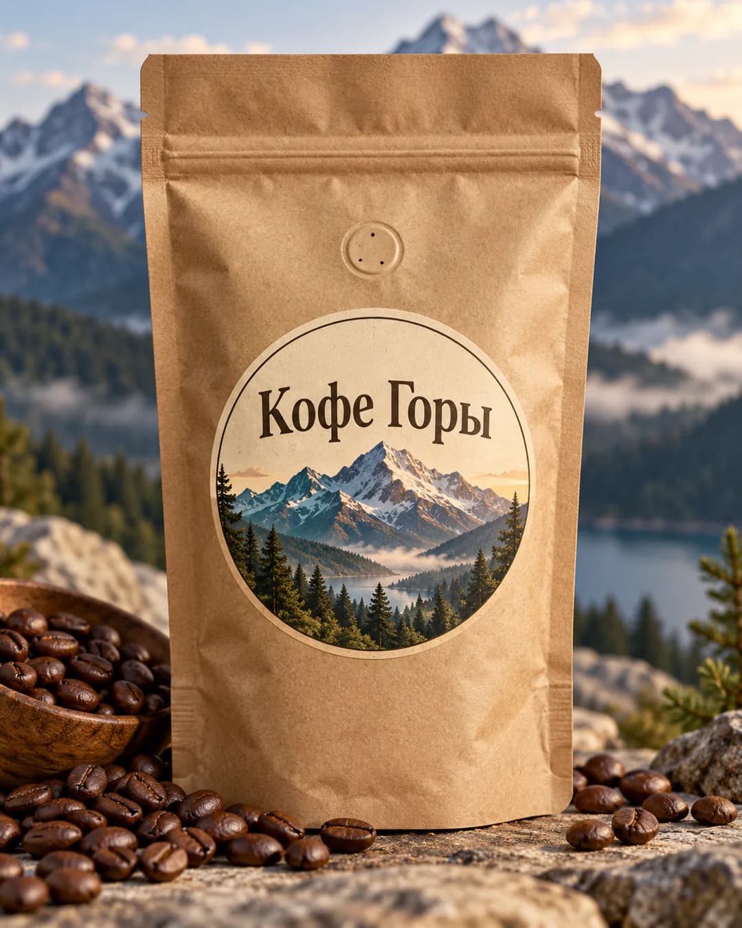Крафтовый пакет кофе с наклейкой с горами «Кофе Горы»