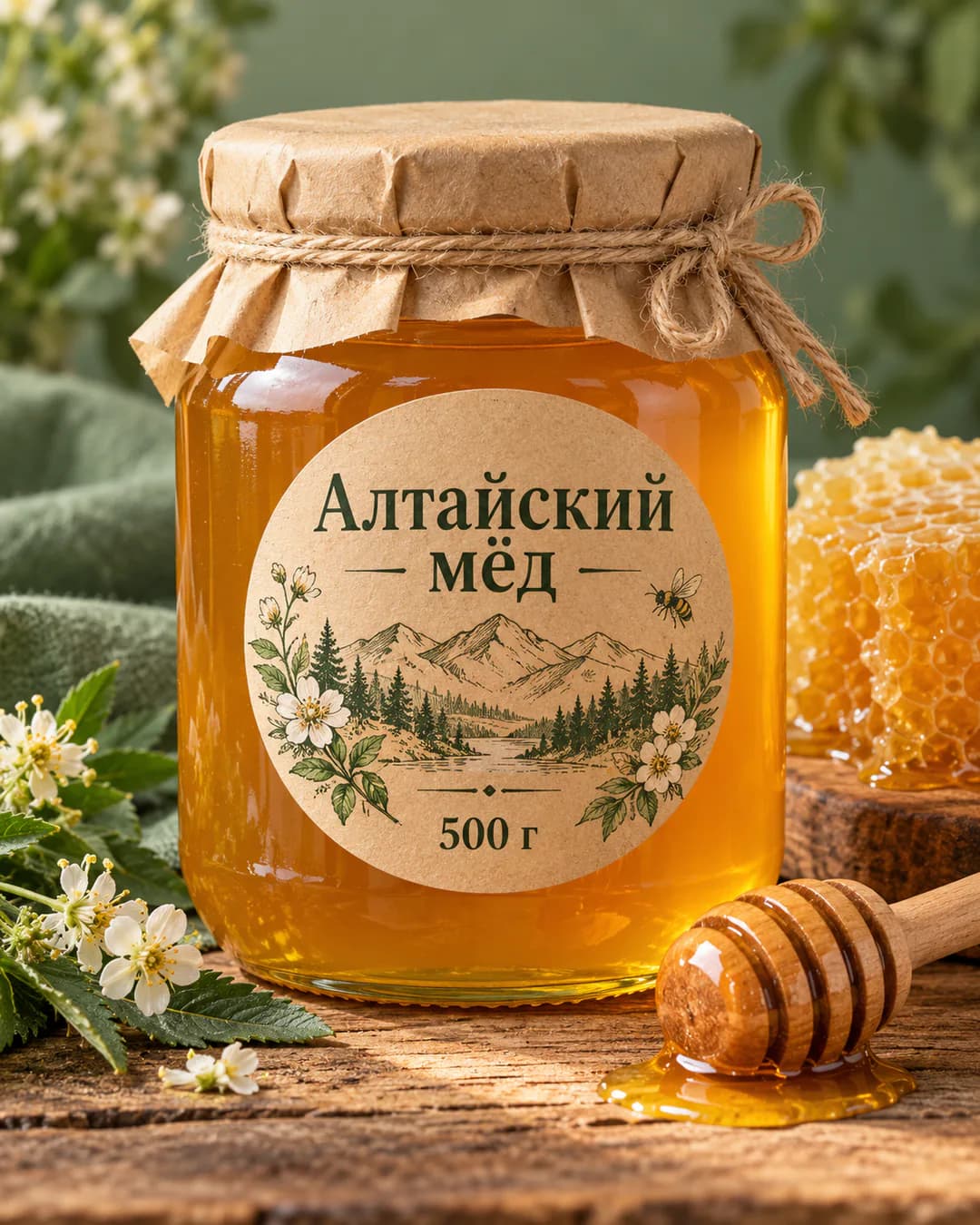 Банка мёда с круглой крафтовой этикеткой «Алтайский мёд» рядом с сотами