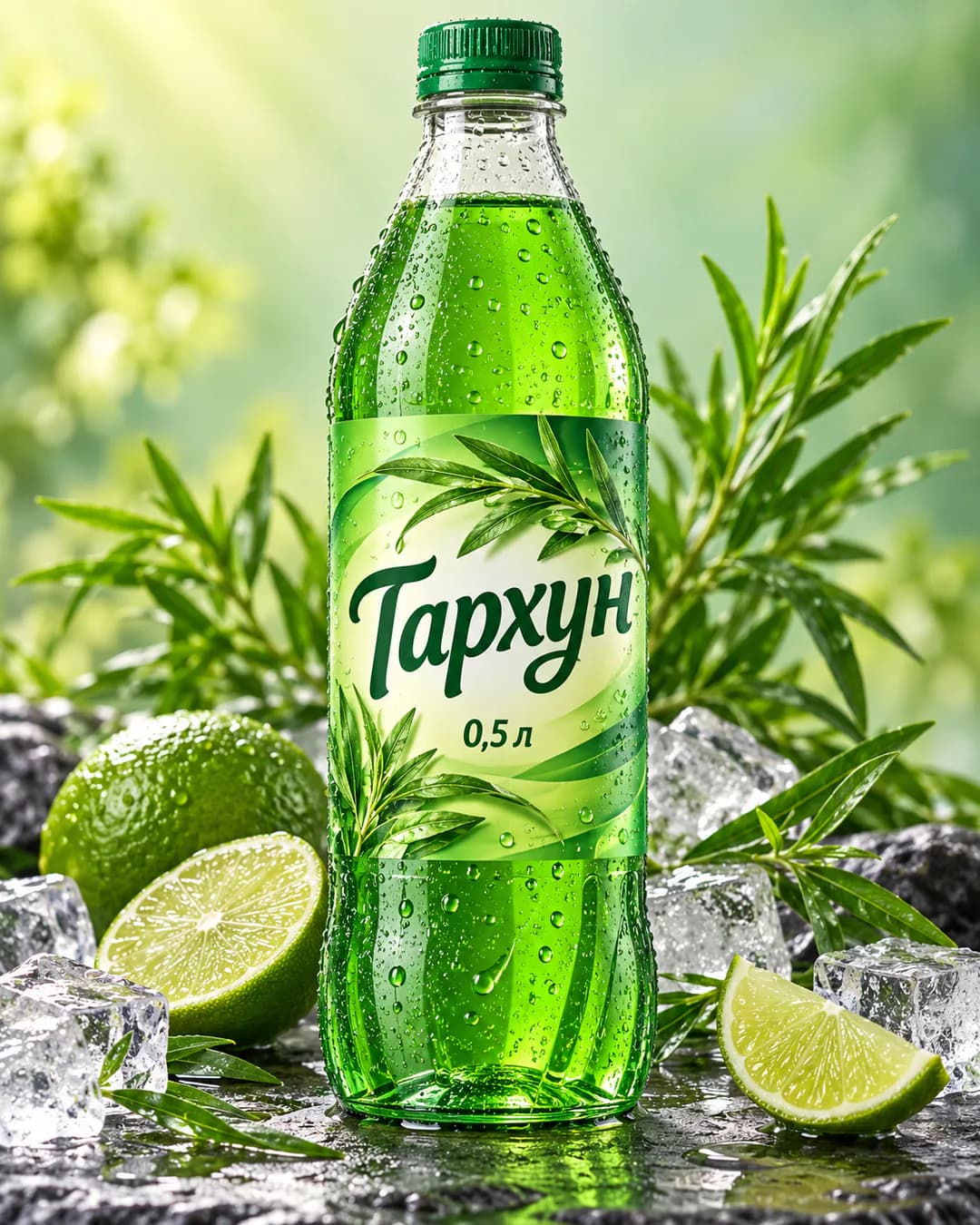 Бутылка лимонада «Тархун» с зелёной этикеткой в каплях воды