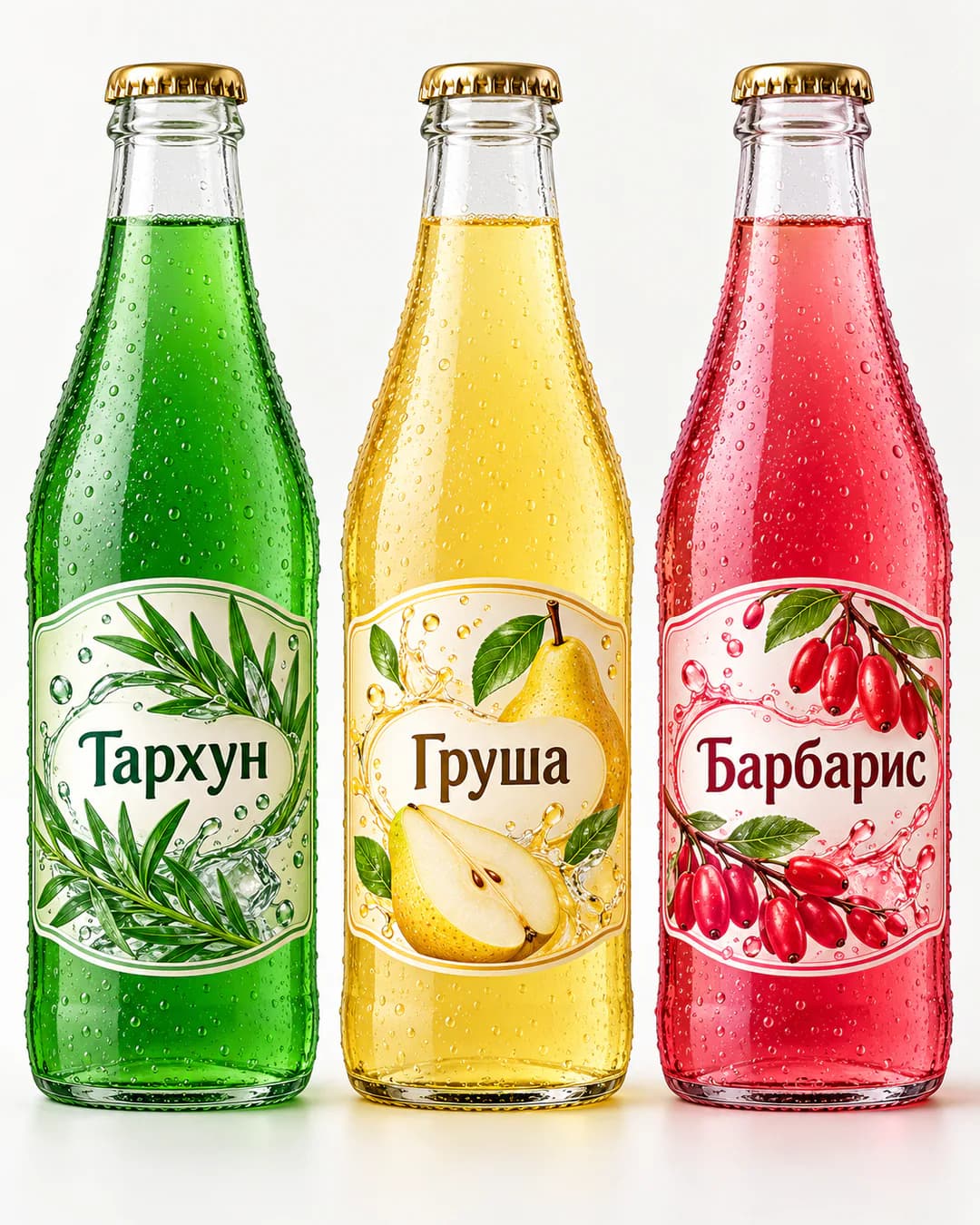 Три бутылки лимонада одной серии: «Тархун», «Груша», «Барбарис»