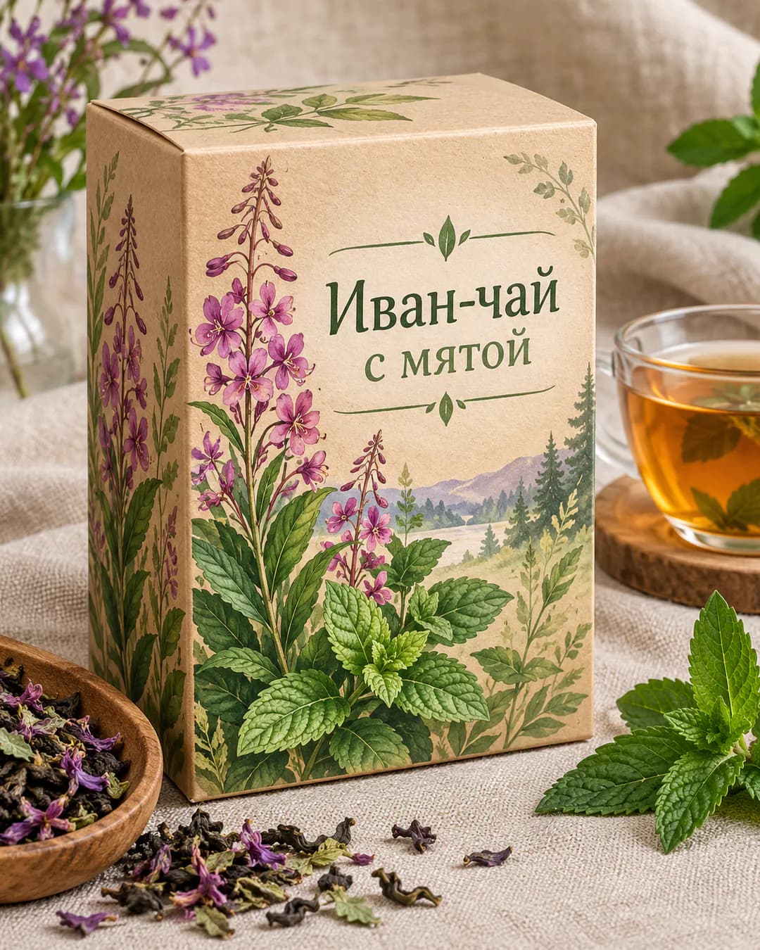 Коробка «Иван-чай с мятой» с рисованными листьями рядом с чашкой