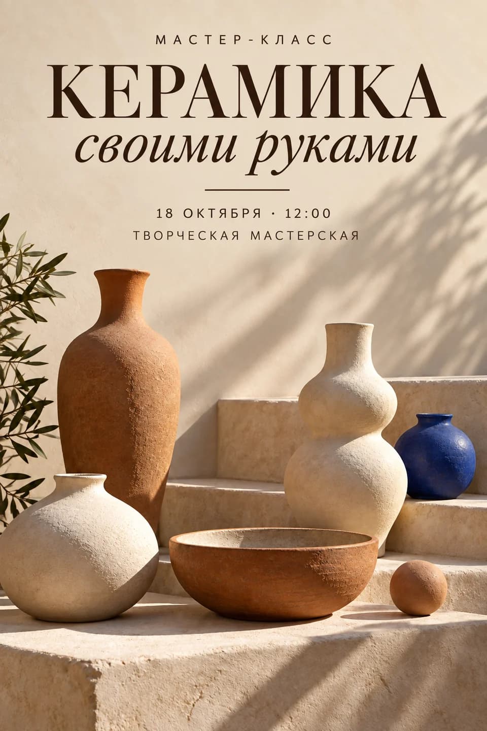Светлая афиша «Керамика своими руками»: керамические вазы, название мастер-класса и дата