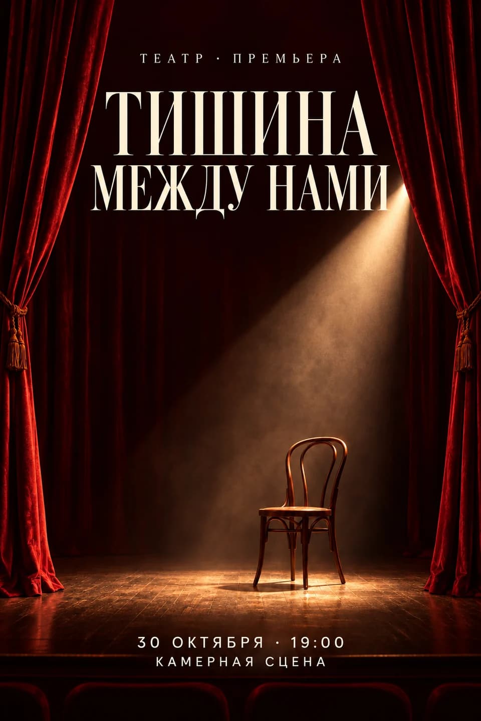 Театральная афиша «Тишина между нами»: красный занавес, стул в луче прожектора, название и дата