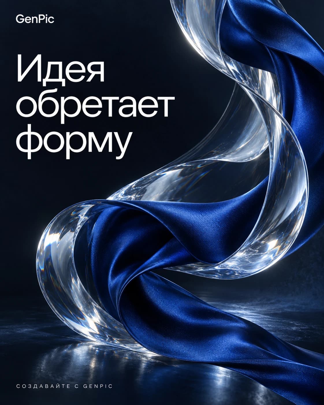 Фирменный постер GenPic: Идея обретает форму, синий шёлк и прозрачное стекло