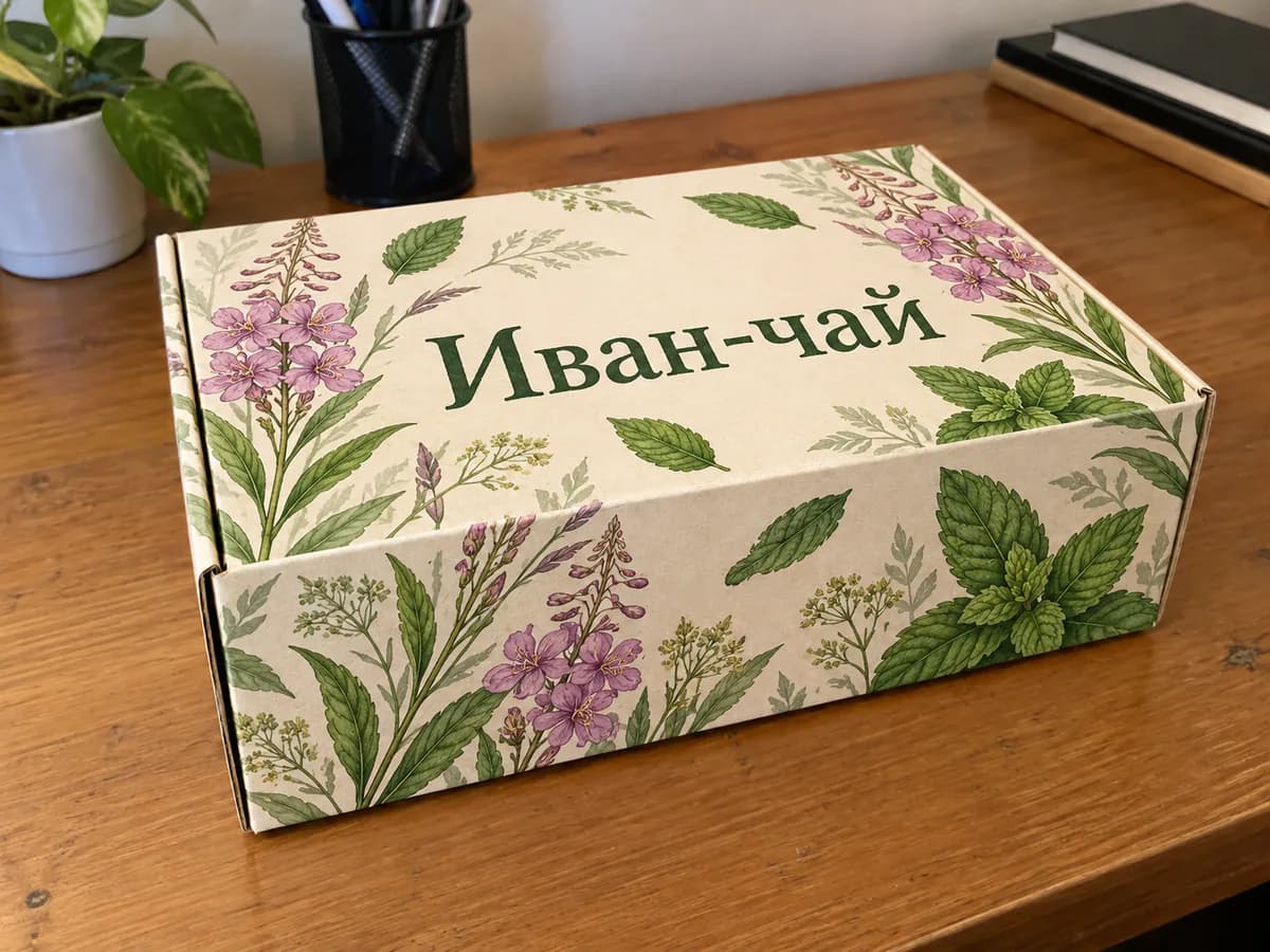 Стало: та же коробка оформлена как упаковка чая с травами, надпись «Иван-чай»